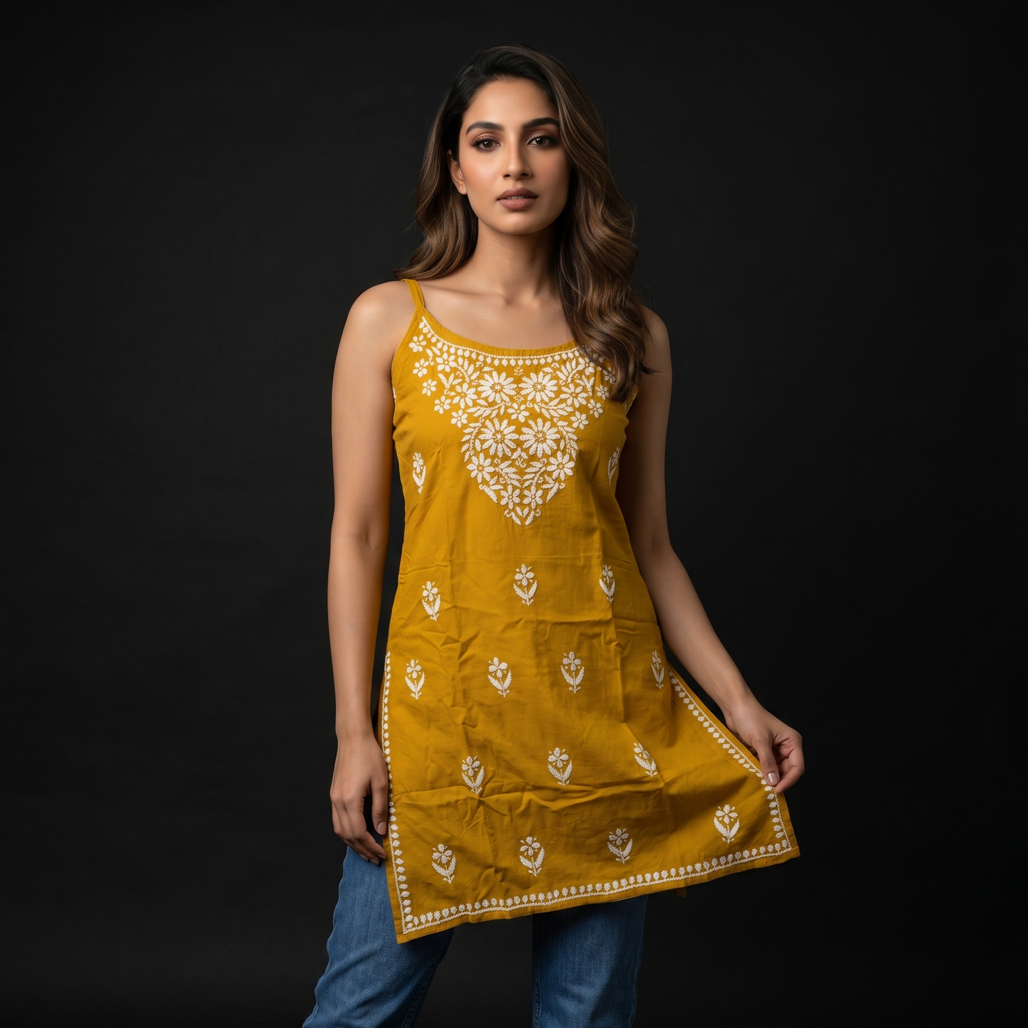 Luxe By Ana Women's Pure Cotton Sleeveless Lucknow Chikan Short Kurti | Hand Embroidered Summer Ethnic Top