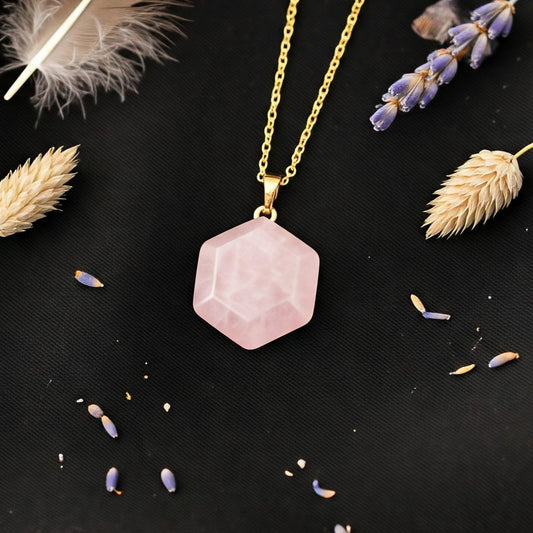 Rose Quartz Hexagonal Pendant | Natural Gemstone Necklace for Love, Harmony & Modern Style