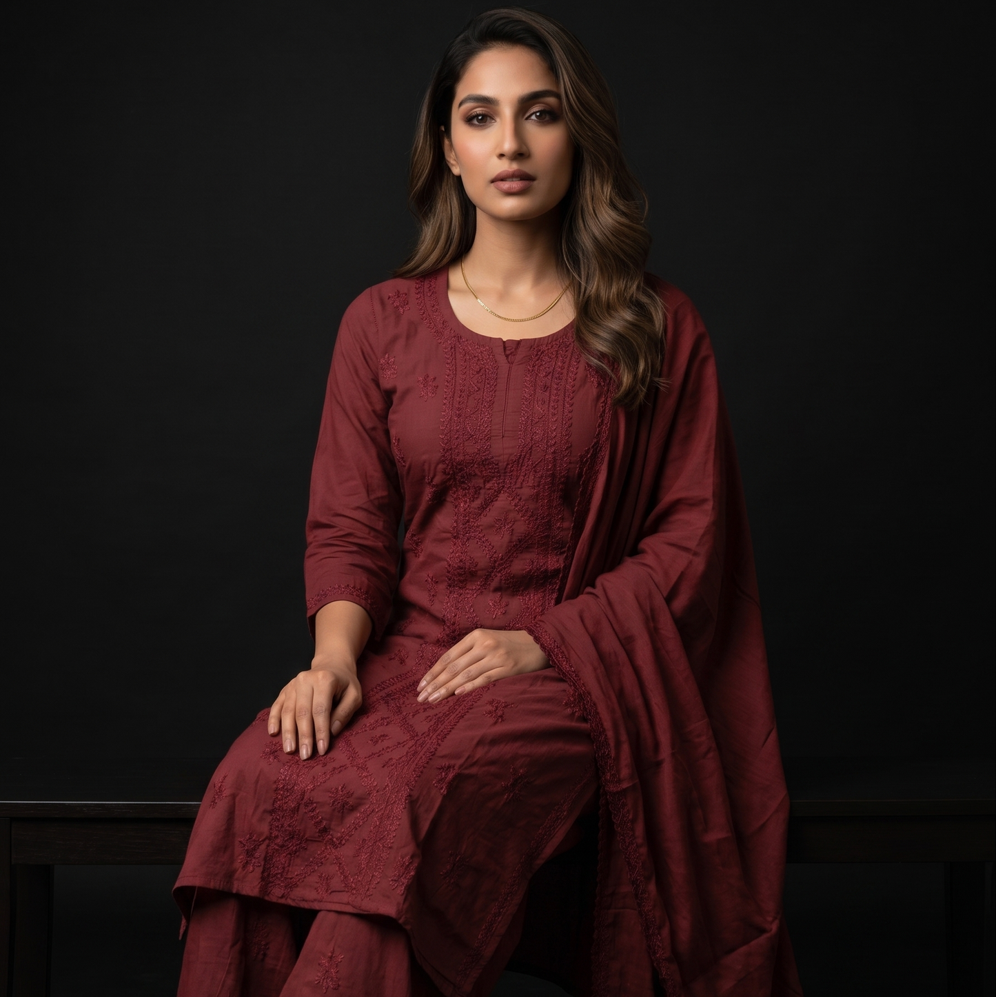 Luxe By Ana Women's Dobby Cotton Lucknow Chikankari 3-Piece Kurta Set with Palazzo & Dupatta | Hand-Embroidered Ethnic Suit Set
