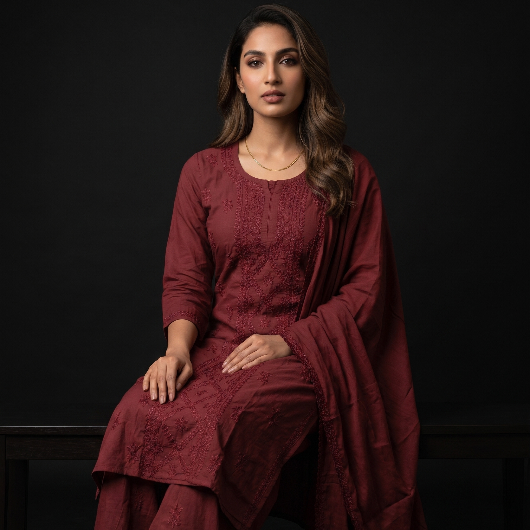 Luxe By Ana Women's Dobby Cotton Lucknow Chikankari 3-Piece Kurta Set with Palazzo & Dupatta | Hand-Embroidered Ethnic Suit Set