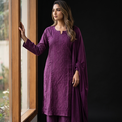 Woman in a purple traditional outfit standing by a window with a dark background