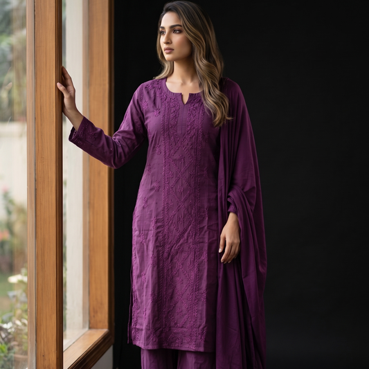 Woman in a purple traditional outfit standing by a window with a dark background