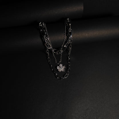 Floral Chain Trinity Necklace | Silver Layered Statement Necklace with Crystal Flower
