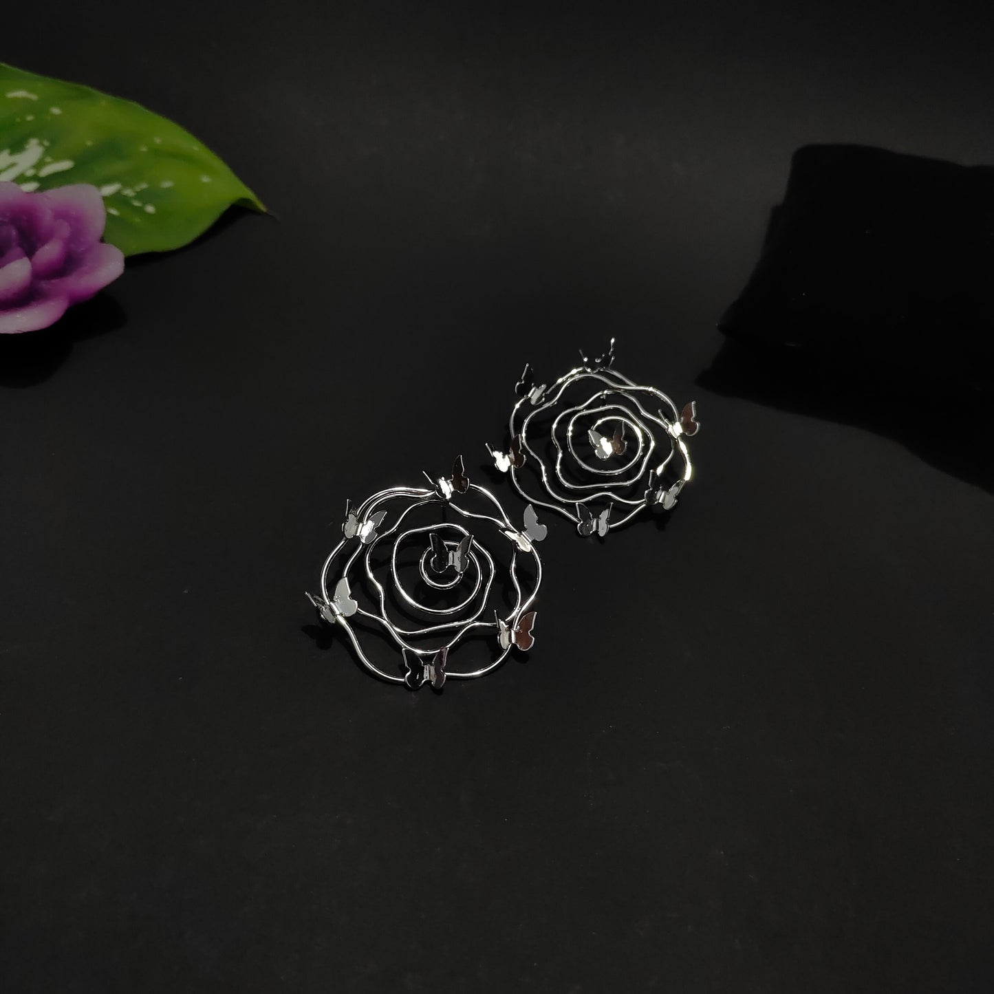 Whimsical Rose & Butterfly Studs | Artistic Wire Floral Studs with Butterfly Accents
