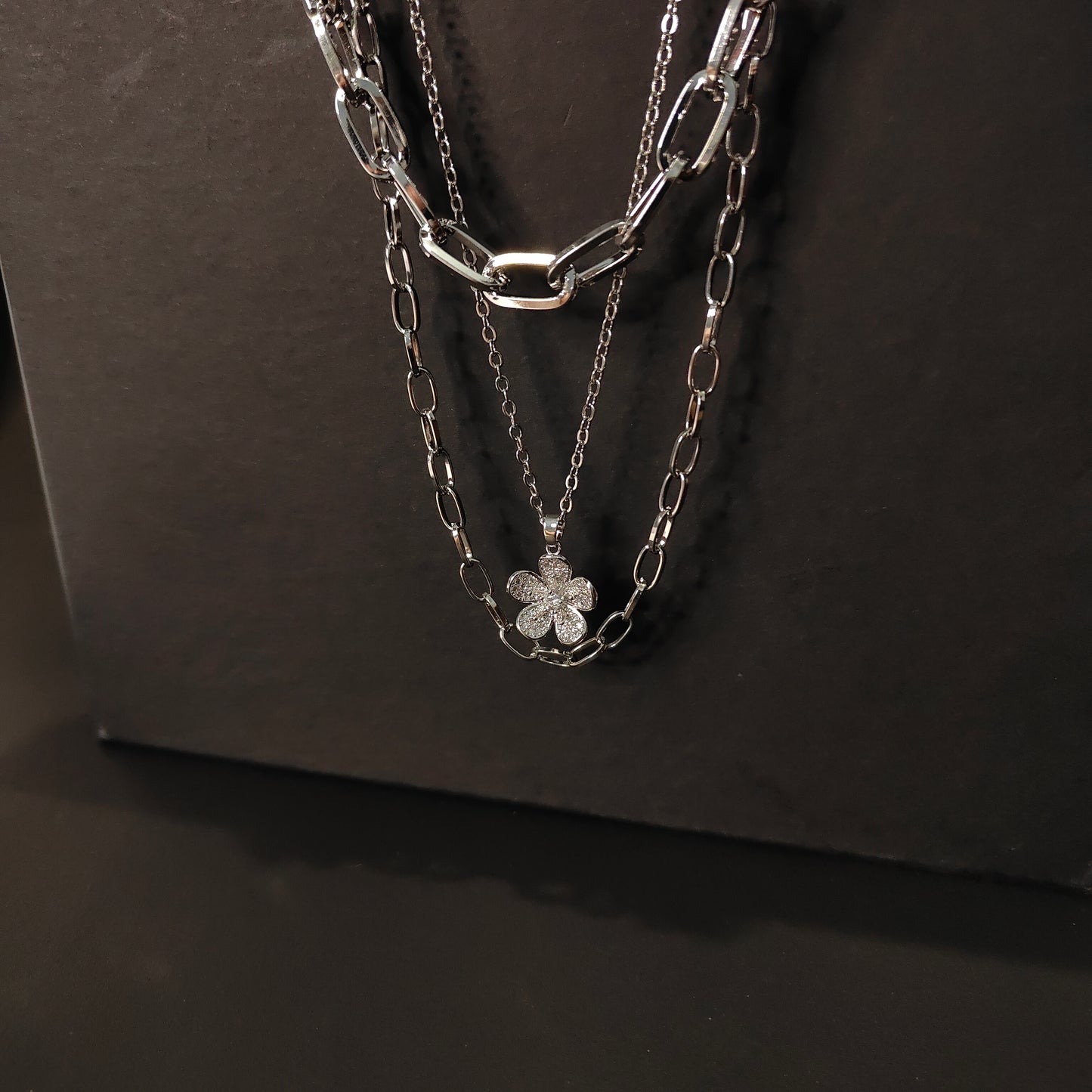 Floral Chain Trinity Necklace | Silver Layered Statement Necklace with Crystal Flower