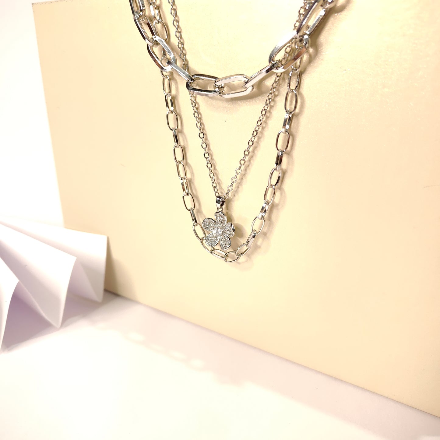 Floral Chain Trinity Necklace | Silver Layered Statement Necklace with Crystal Flower