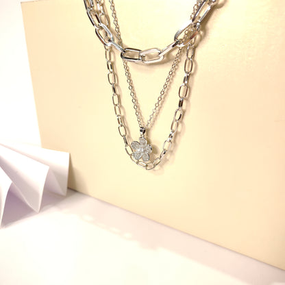 Floral Chain Trinity Necklace | Silver Layered Statement Necklace with Crystal Flower