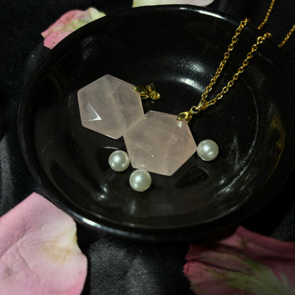 Rose Quartz Hexagonal Pendant | Natural Gemstone Necklace for Love, Harmony & Modern Style