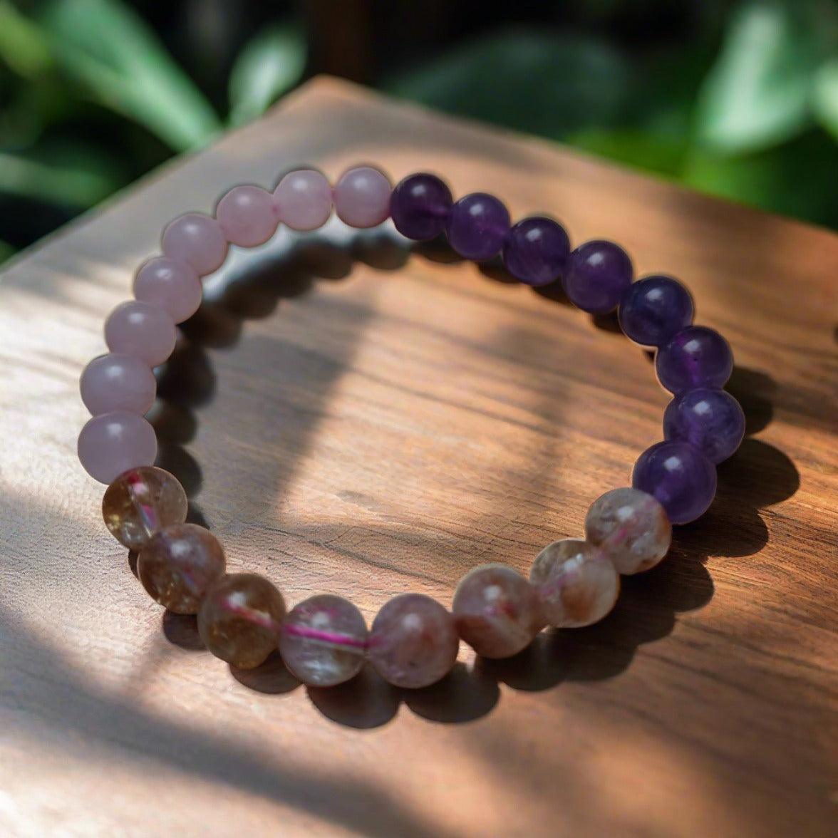 Amethyst, Rose Quartz, & Citrine Crystal Combination Bracelet | Healing Energy, Love, Positivity, Abundance